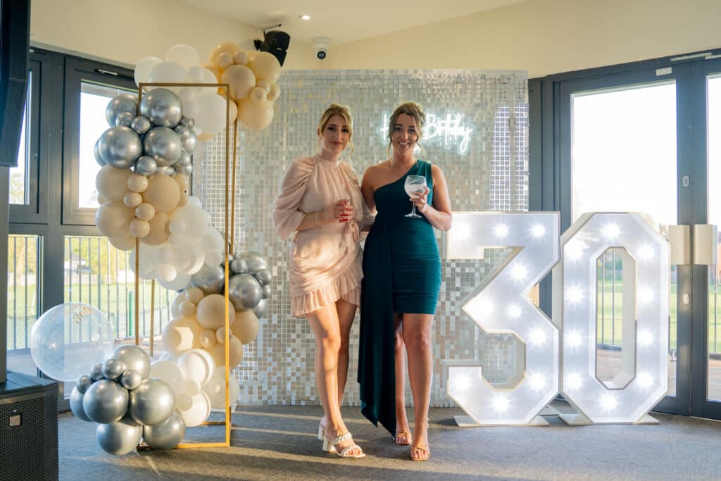 Emma and Rach with our 4ft light-up 30 numbers at their twin 30th birthday party