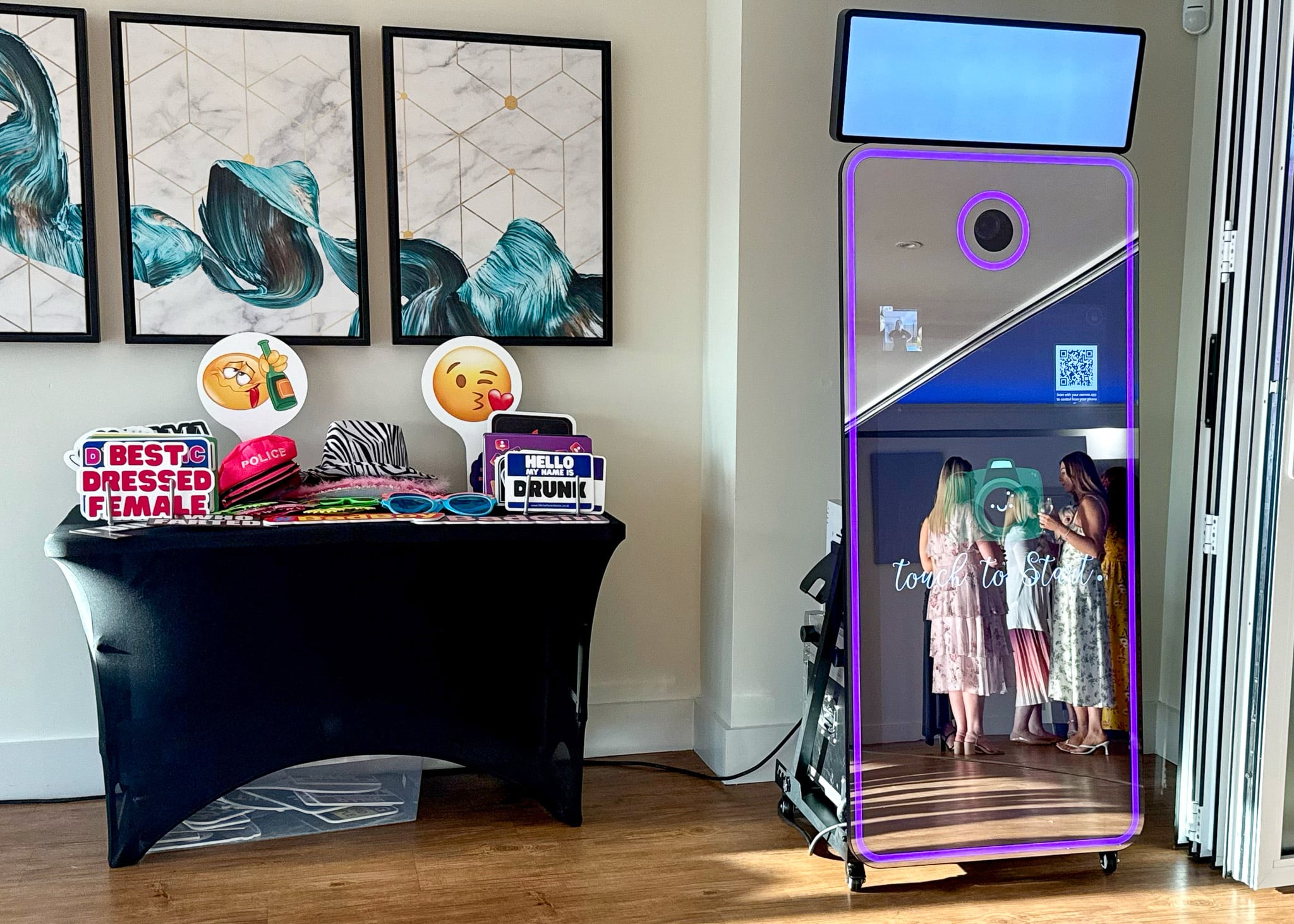 Our Magic Mirror photo booth set up for a prom at Aldenham Golf and Country Club