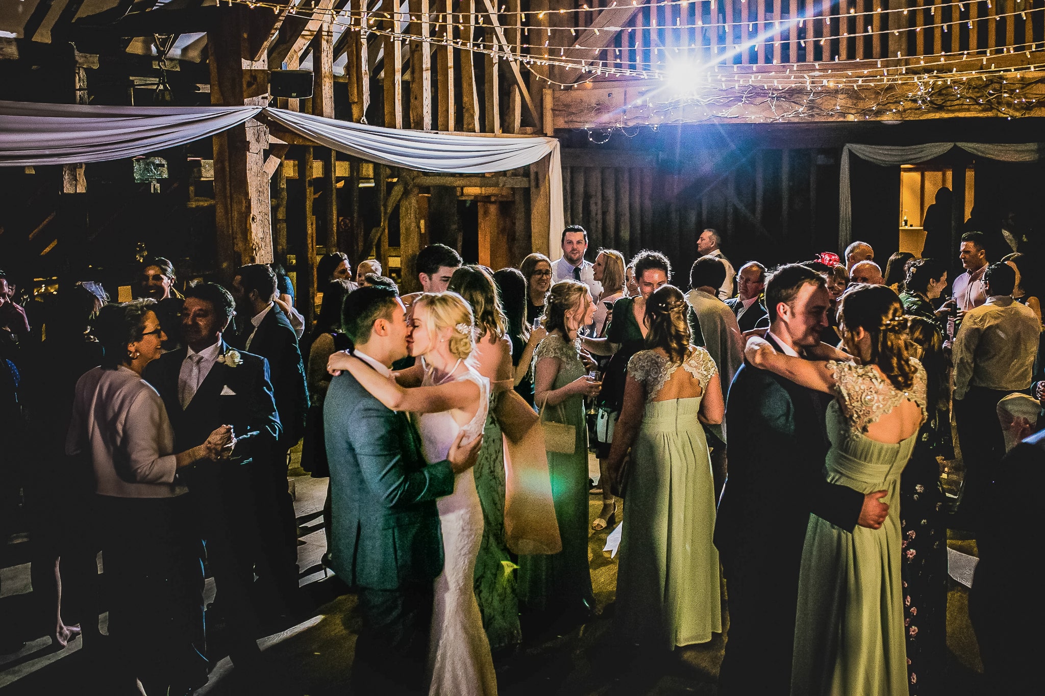 Guests dancing at Rachael and Jack wedding, Tewinbury Farm