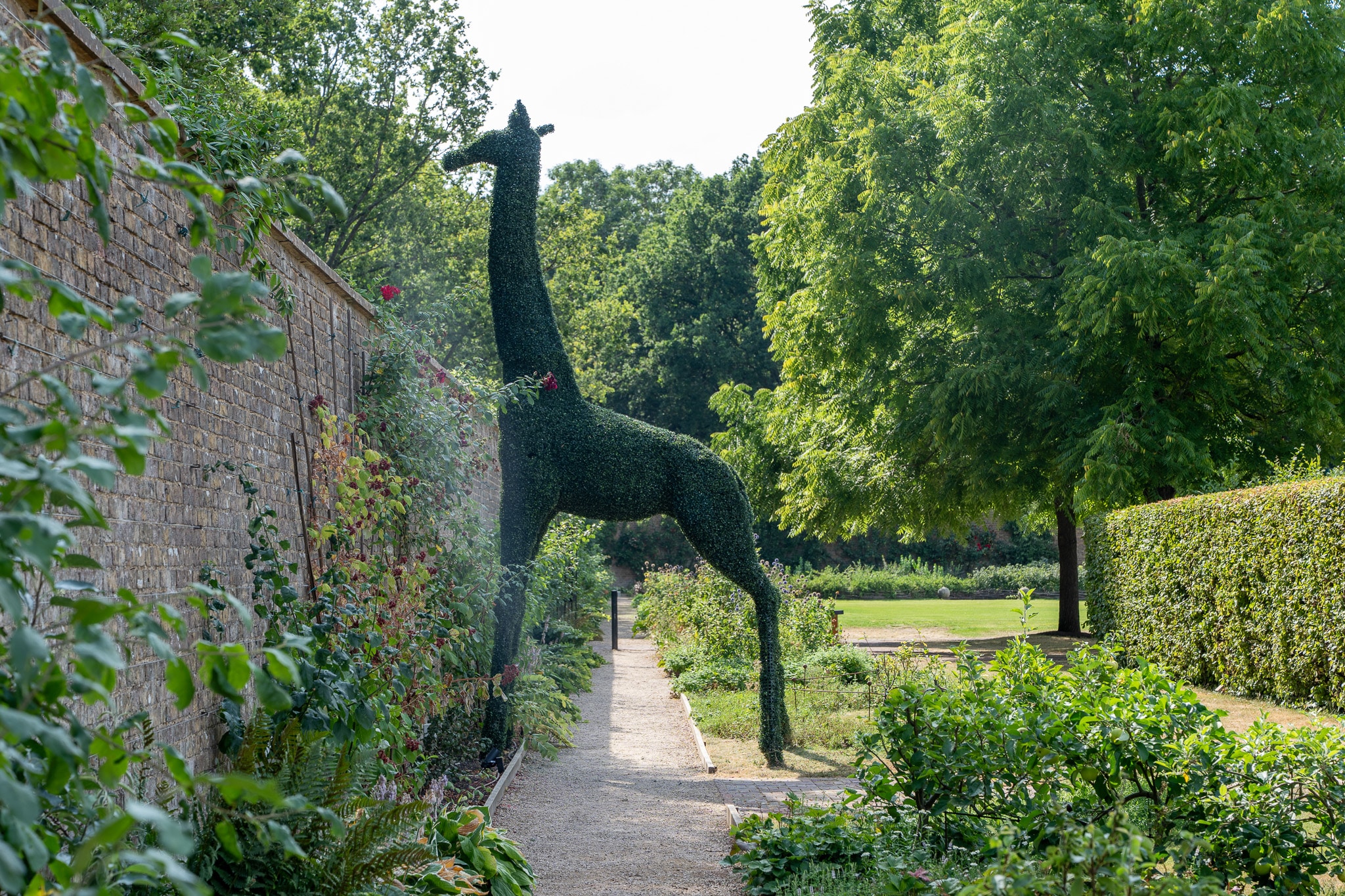 The giraffe topiary in the gardens at The Grove