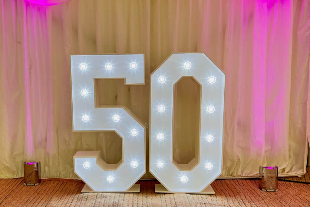 4ft light-up 50 numbers at Karen&rsquo;s birthday at The Barn, Hulcott - Fill The Floor Discos