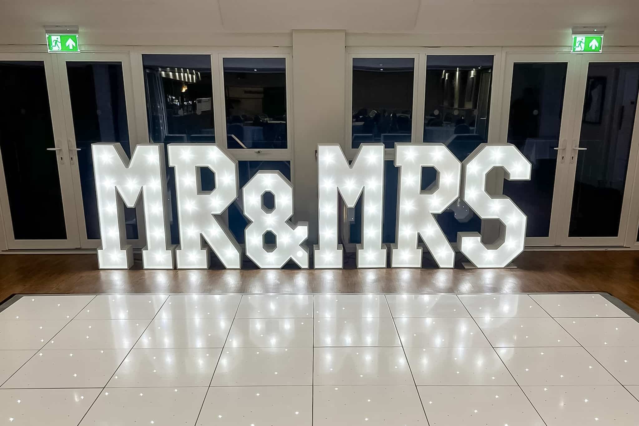 Our MR & MRS light-up letters at a wedding at Aldenham Golf and Country Club