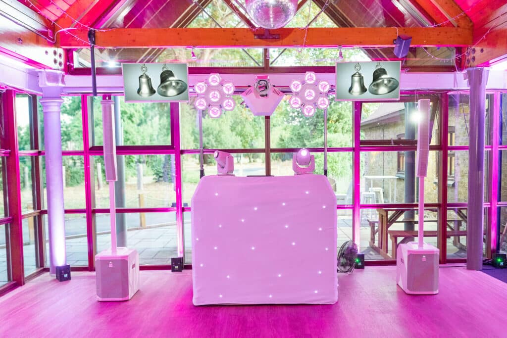 Premium white wedding disco setup at Richings Park Golf Club