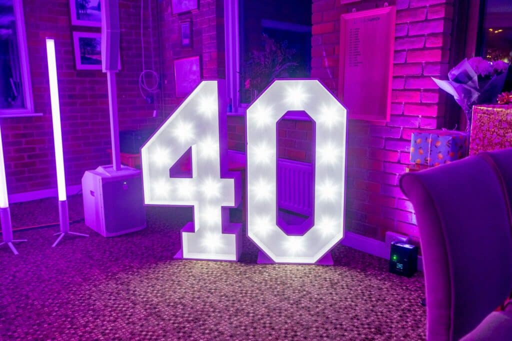 4ft light-up 40 numbers glowing under the party lighting at Chiltern Forest Golf Club
